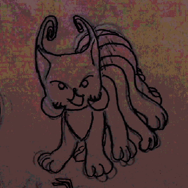 Drawing of a mix between a cat and a centipede. It's a cat body, with many more legs, appendices near the mouth, and antennae growing from the tip of its ears.