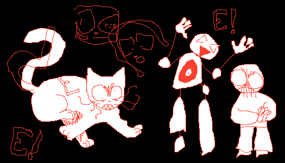 A pixelated, sketchy drawing of the game's characters: a cat with a question sign as its tail, a person made up of bits connected through strings, and a short person with big round eyes and simple winter clothes. The letter E appears around them.
