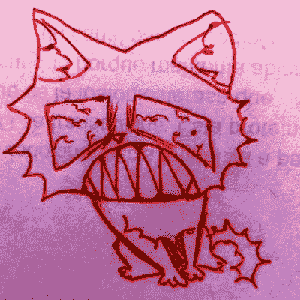 A cat with bloodshot eyes and a stressed expression. It's drawn with red on pink paper.