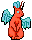 A red bunny. Its eyes and the interior of its ears are light blue, so are a pair or wings growing from its back. It has a pair of horns, one dark red and the other black.