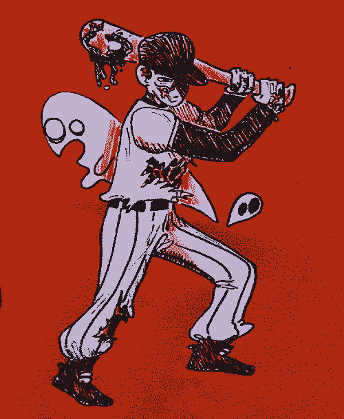 The Batter from the game OFF. He's an entirely white character wielding a stained bat and wearing a baseball uniform. A ghost floats behind him.
