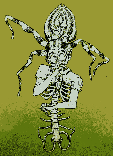 Black and white illustration of a person whose hair imitates a tarantula's back, with four legs protuding out of the head. Down from the chest we can see this person's skeleton, with the vertebrae morphing into a centipede. The centipede's antennae traces the form of the pelvis. The person has a worried expression, with bloodshot eyes.