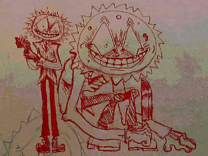 Drawings of a monster with a sun shaped head, big romboidal eyes, a skeleton body under its suit and gloves. In one doodle they're crouched down holding a knife, in the other they're standing, fixing their gloves. They smile widely in both.
