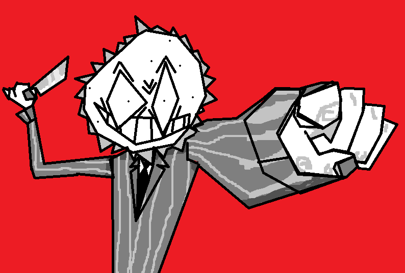 Greyscale picture of the sun headed guy, wielding a knife and pointing towards you.