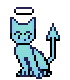 Light blue cat with a pointed arrow tail and a halo.